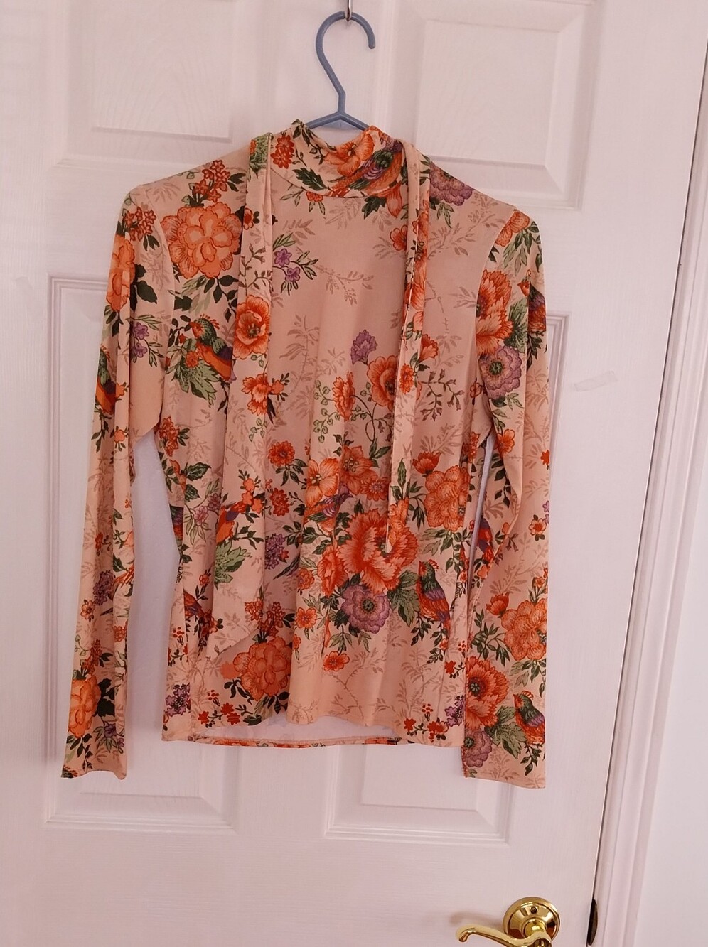 Zara Peach Floral Turtleneck Top with Orange & Green Accents